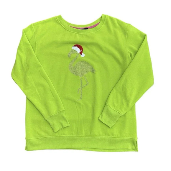 Christmas Flamingo Crew Neck Sweatshirt Women’s Size Small Lime Green Santa Hat - Picture 1 of 6